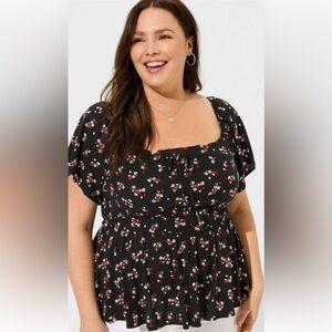 Romantic Torrid Black Floral Flutter Sleeve Blouse, Cottagecore Dark Whimsical